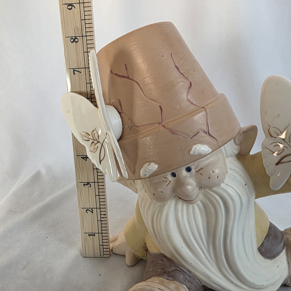 Vintage Dona 1542 Hand Painted Cracked Pot Garden Gnome w/ Homco 70s Butterflies - Picture 9 of 11